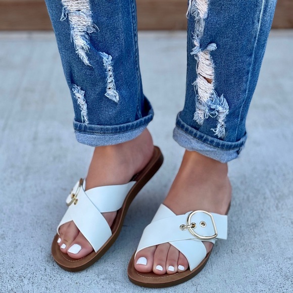 White Adjustable Buckle Criss Cross Sandals - Picture 2 of 11